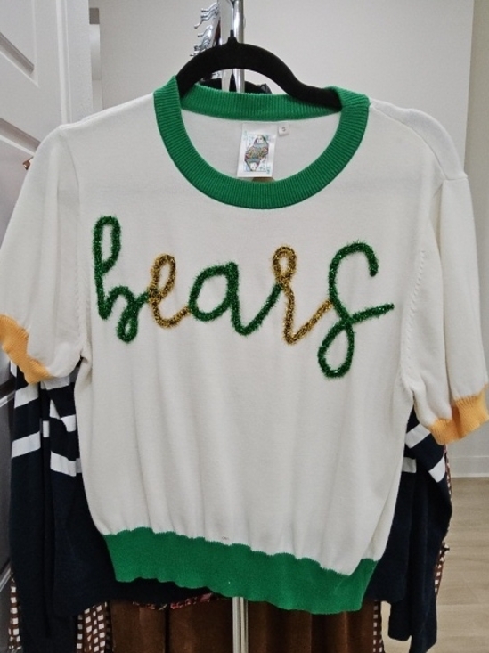 QUEEN OF SPARKLES Tops - QUEEN OF SPARKLES Cream Knit Top with Green and Gold "bears" Script